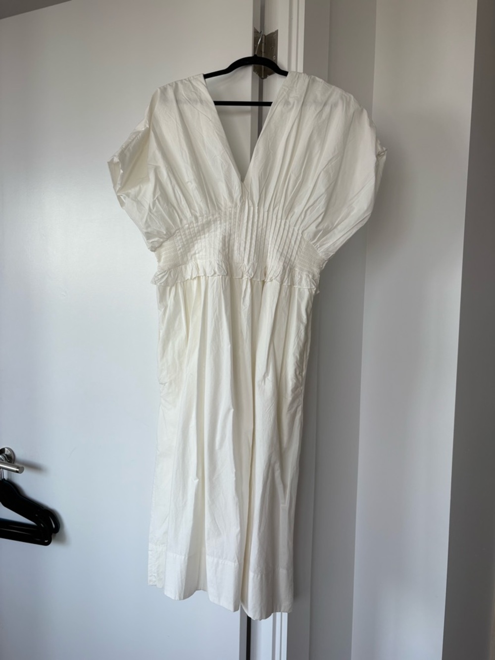 Anthropologie Women's Cream V-Neck Smocked Waist Midi Dress